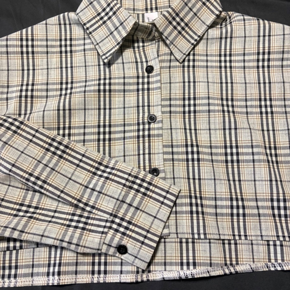 Plaid Cropped Shirt Neutral Check Boxy Button Up Y2K Grunge Aesthetic Sz S EUC - Picture 1 of 8